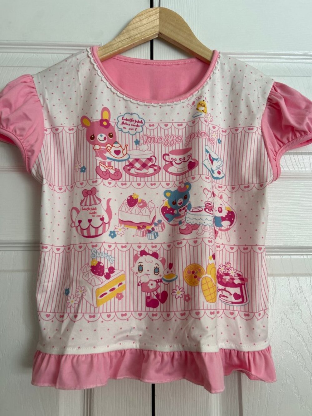 Y2K Kawaii Pink Graphic Tee Tea Party Bunnies Print Puff Sleeves Size S